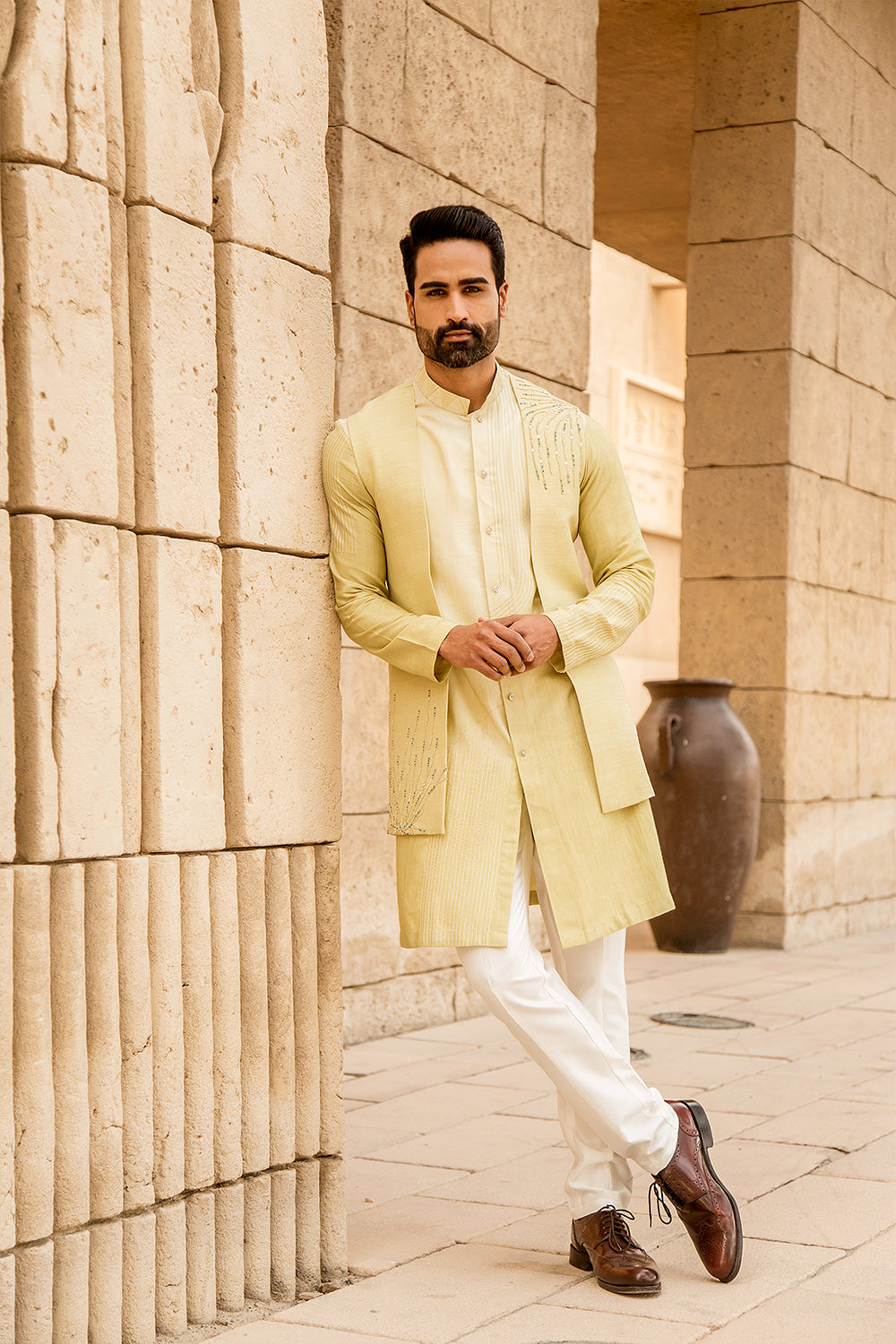 Lemon Kurta Set With Open Jacket