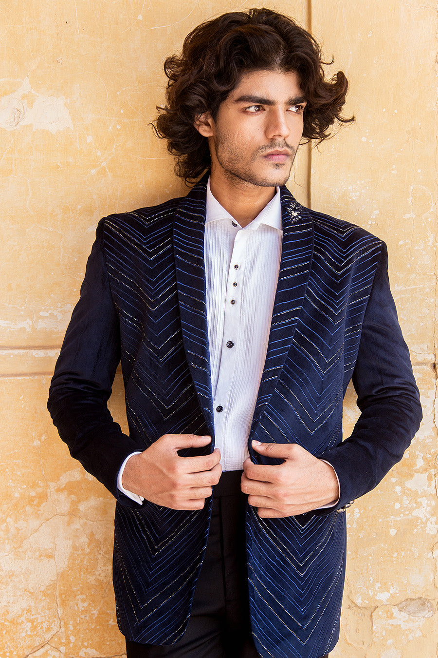 Blue Kat Dana Work Zigzac Tuxedo Paired With A White Shirt Black Bow And Black Pants