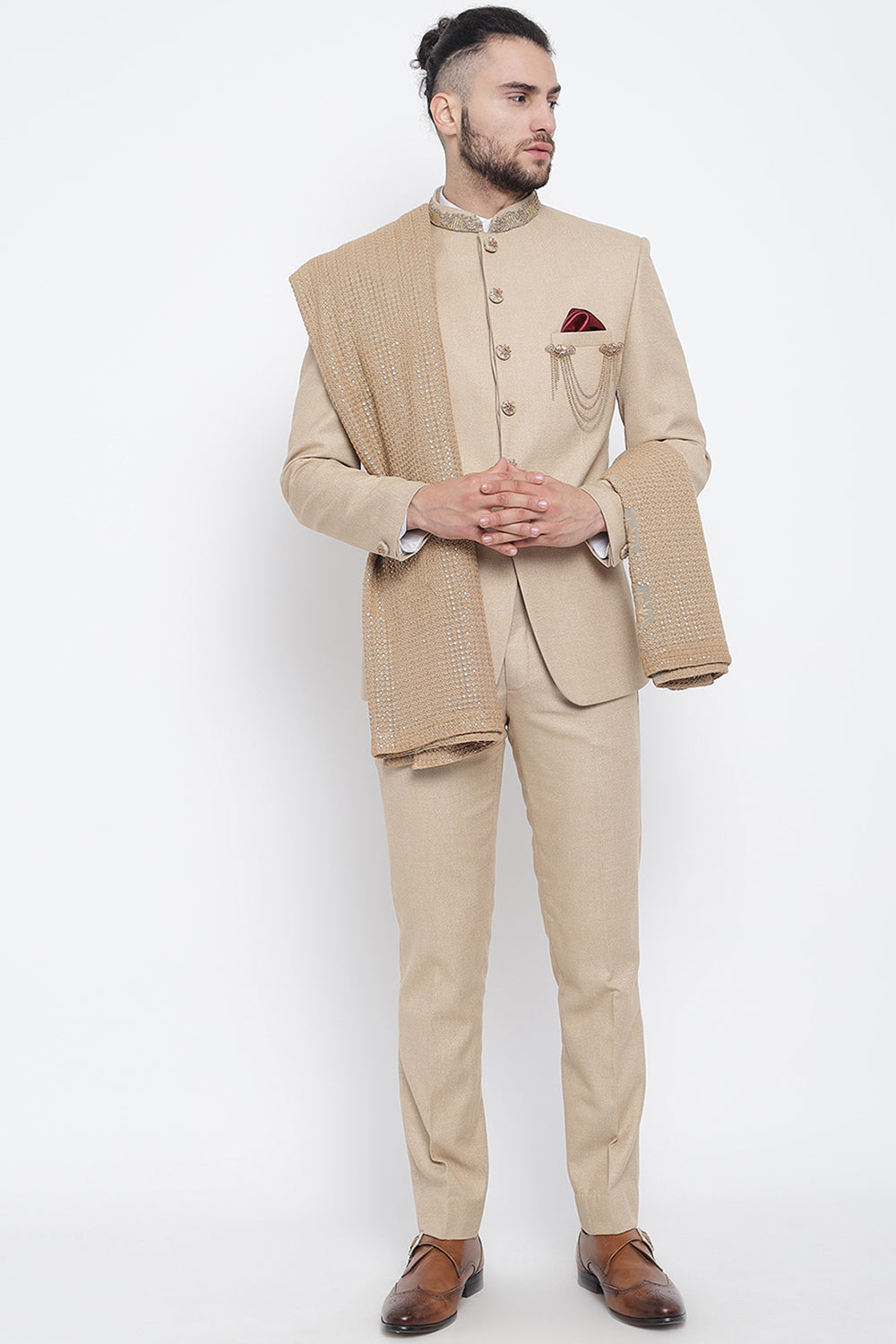 Beige Jodhpuri With Heavy Embroided Shawl