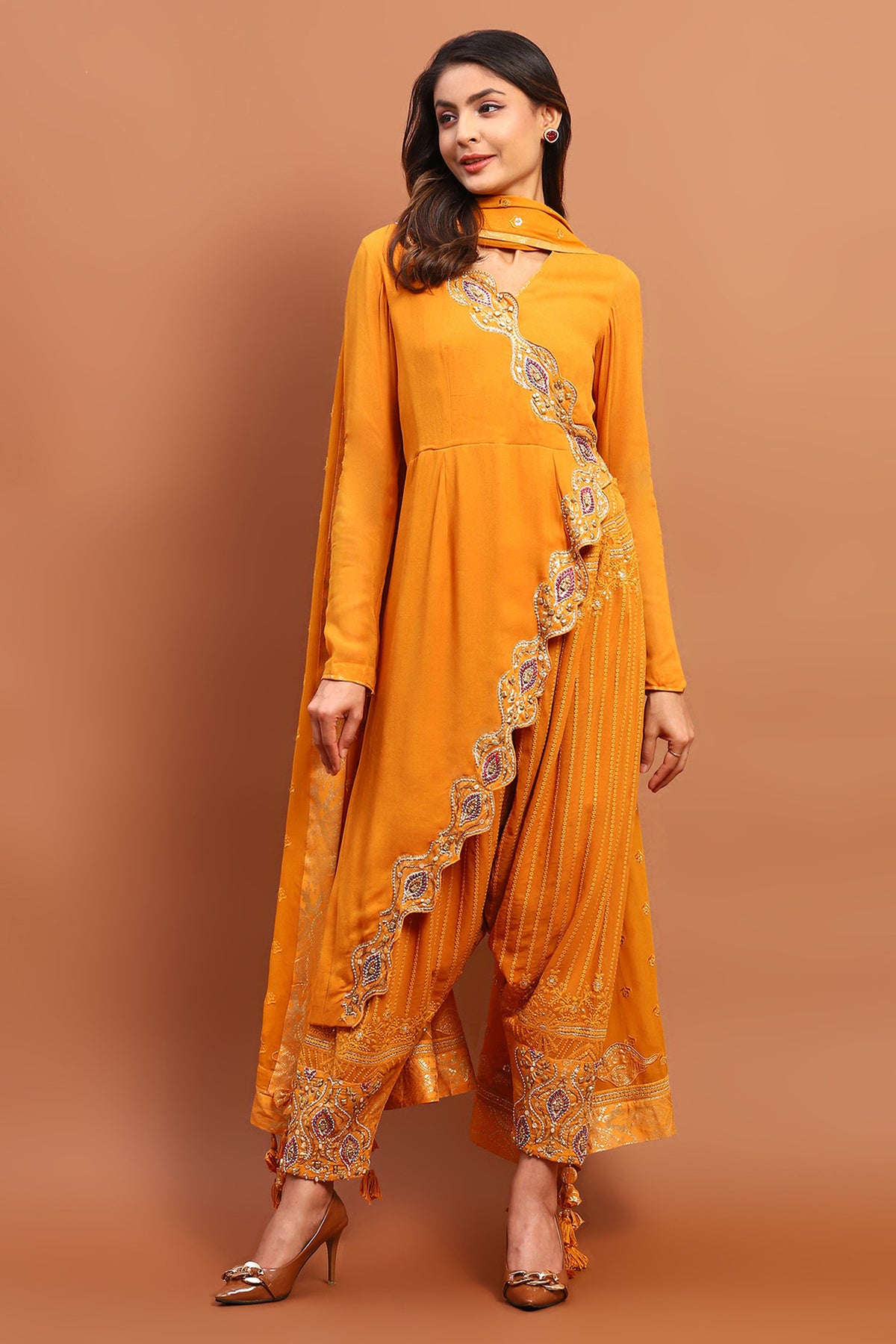 Georgette Mustard Suit With Salwar And Dupatta