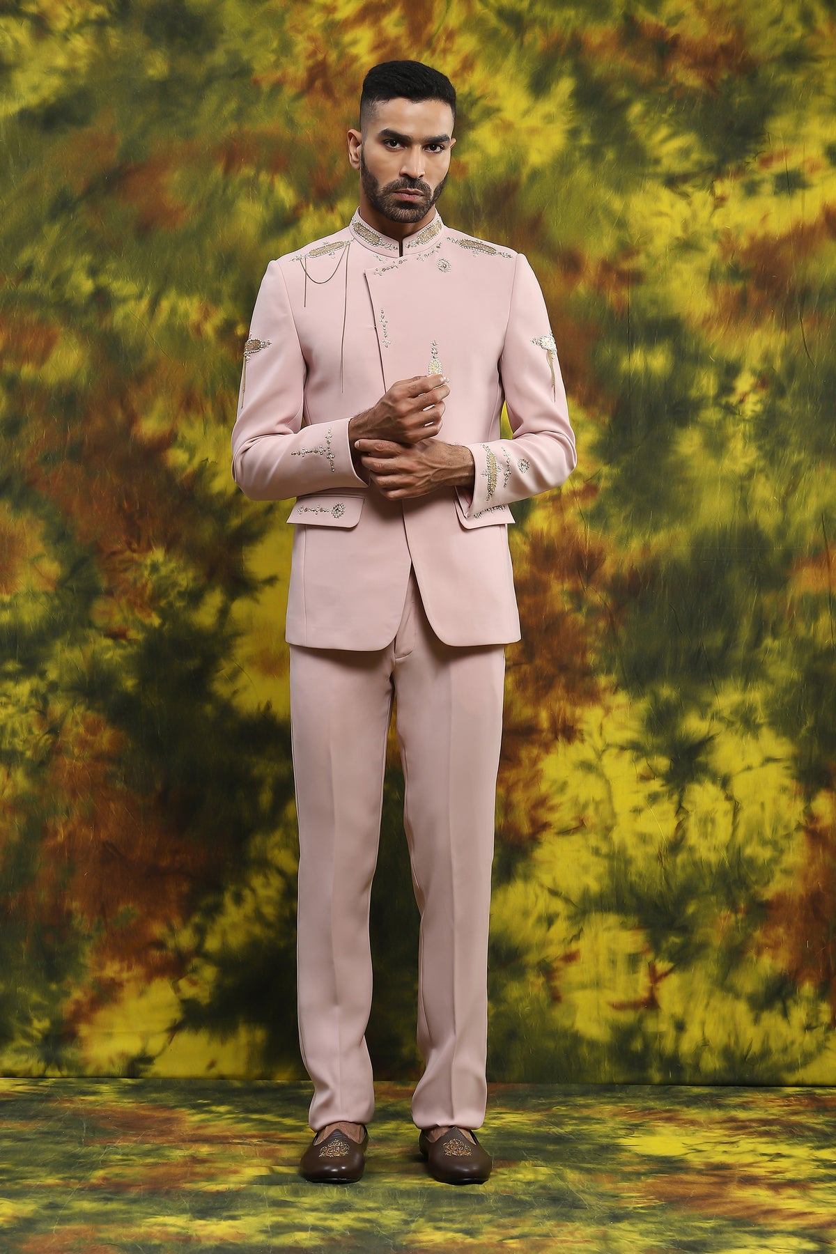 Pastel Pink Metal Work Bandhgala Set