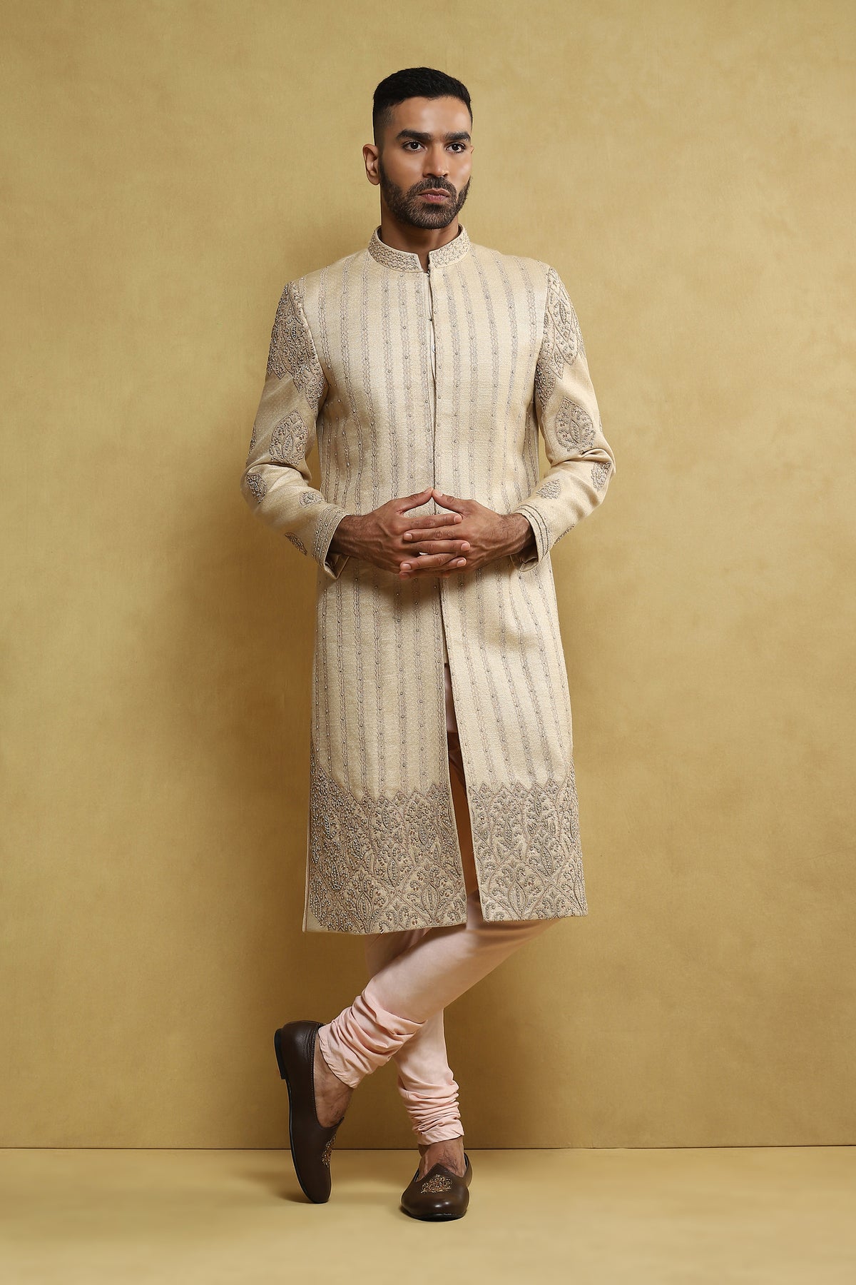 Beige Embroidered Sherwani In Handloom Silk
