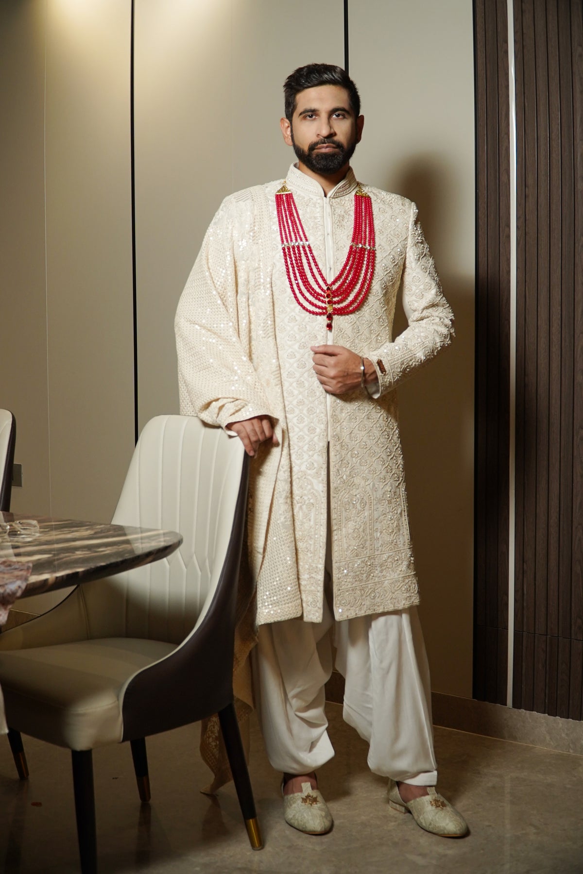 Cream Coloured Lucknowi Sherwani With Matching Stole