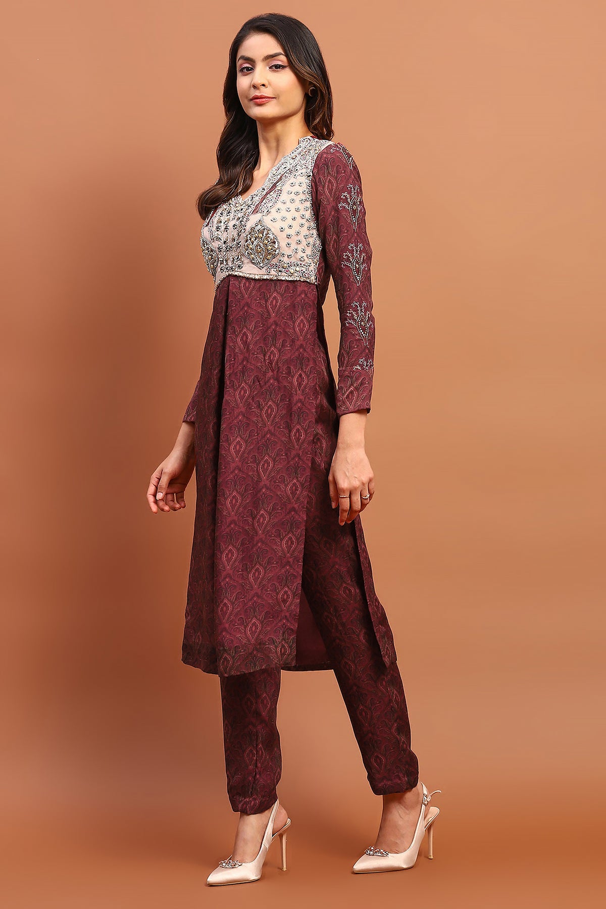 Printed Maroon Kurta Set