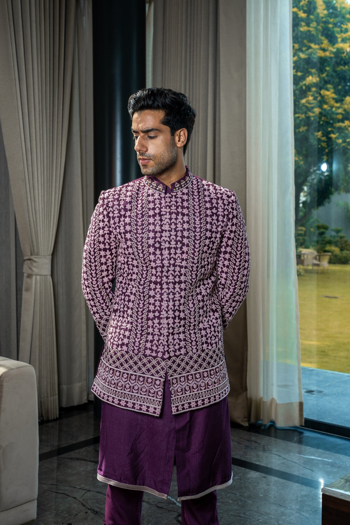 This purple colored silk jodhpuri