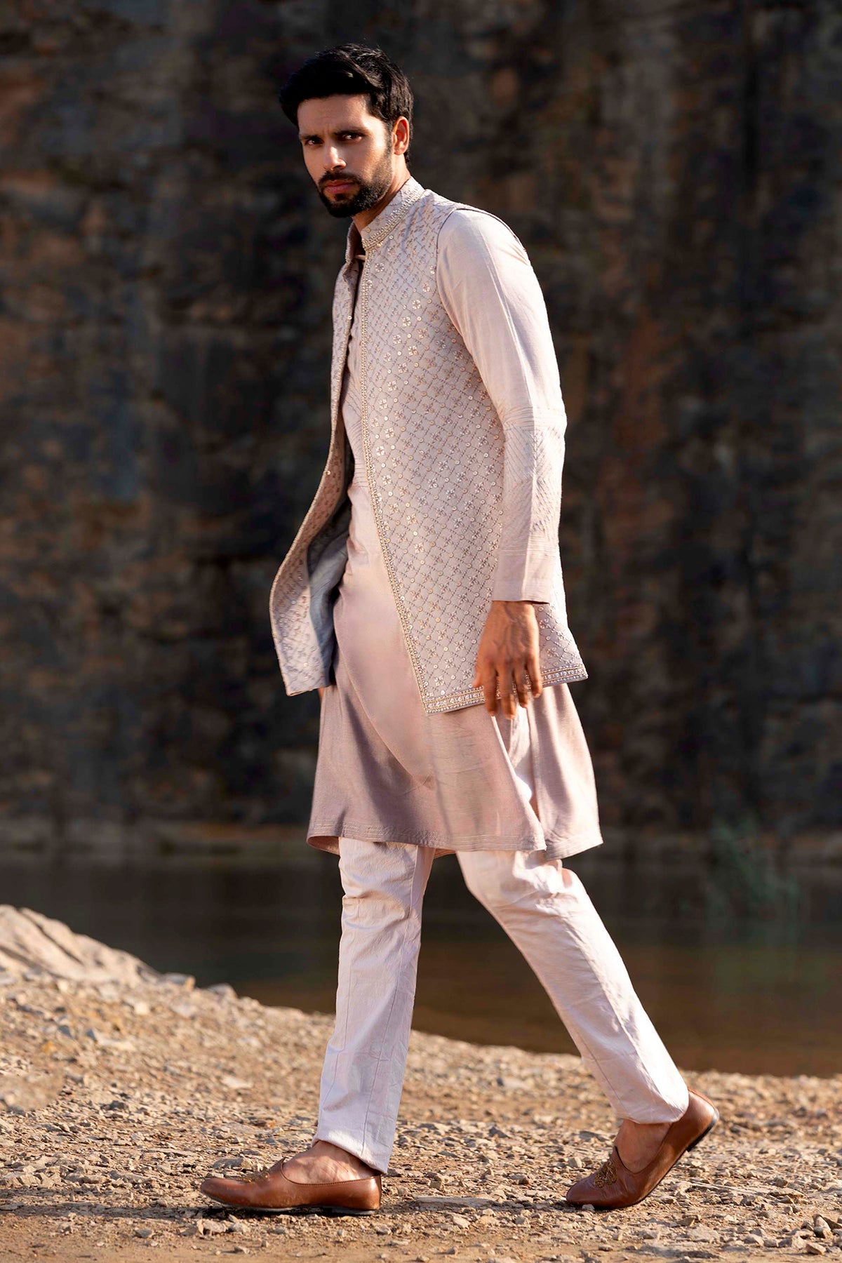 Melange Grey Kurta Jacket Set With Box Pants