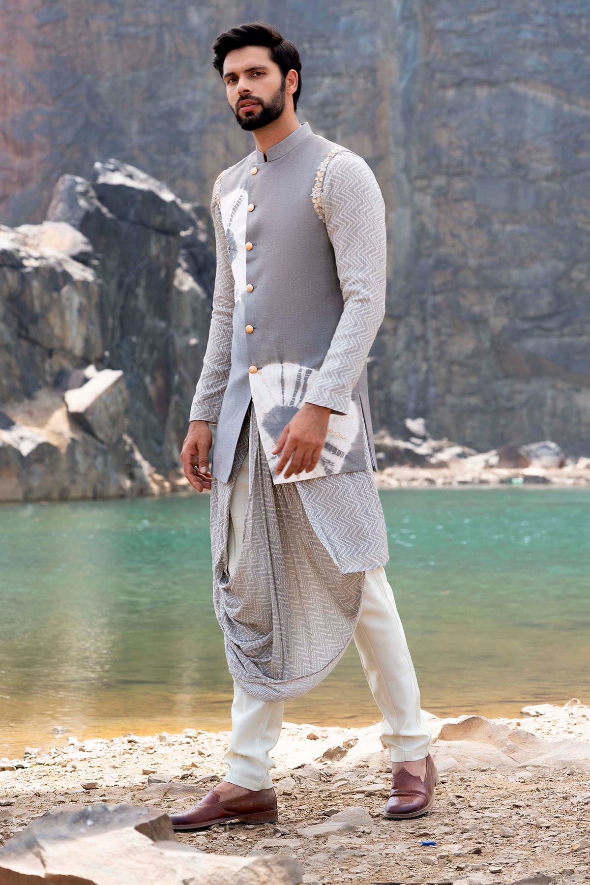 Lava Grey Coloured Kurta Jacket Set With Box Pants