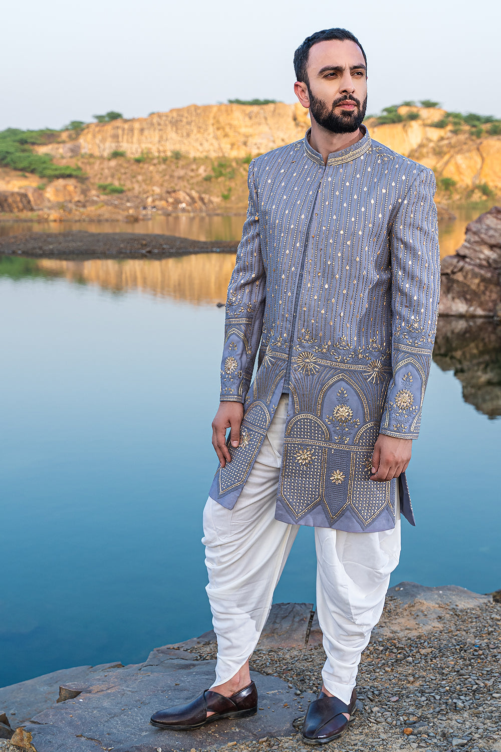 Baby Blue Coloured Indowestern With White Harem Pants