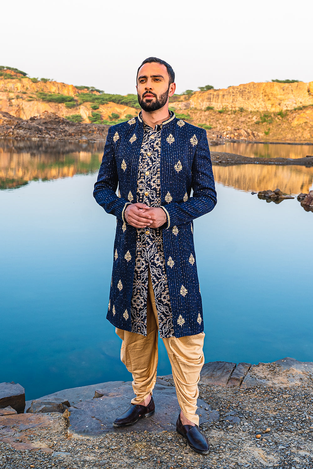 Navy Blue Coloured Indowestern With Gold Harem Pants
