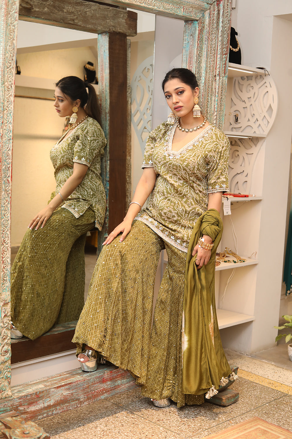Olive Green Sharara Suit With Bandhni