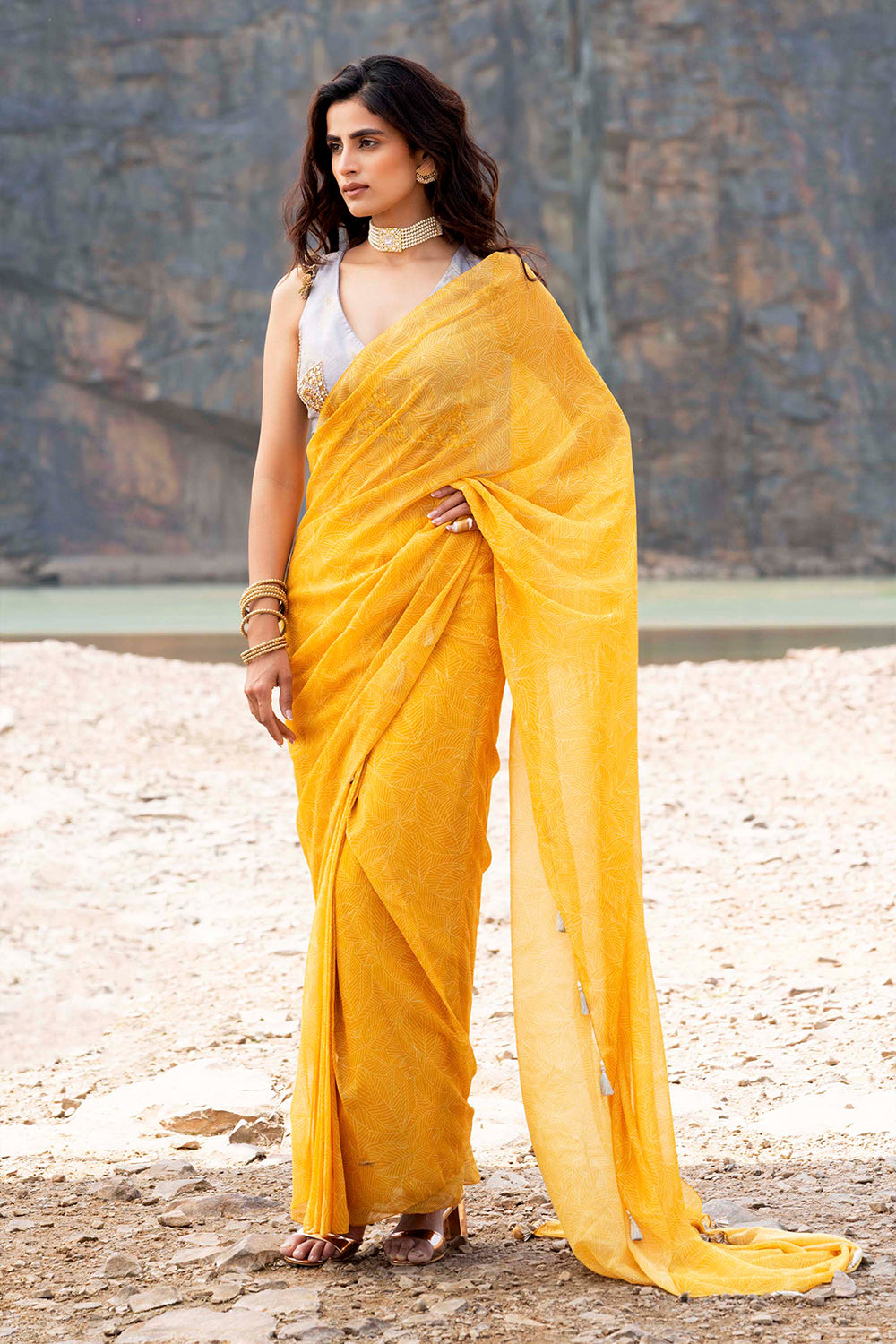 Yellow Saare With Grey Blouse